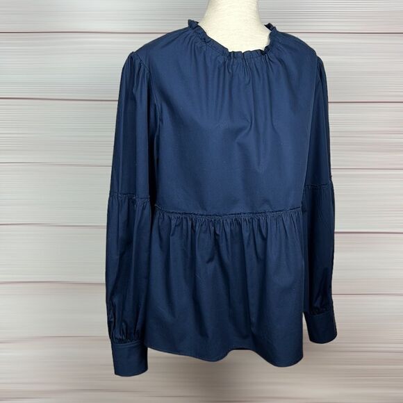 YUNE HO Cotton Navy Blue Peplum Top Relaxed Fit Blouse Drawstring Neck M - Picture 2 of 15